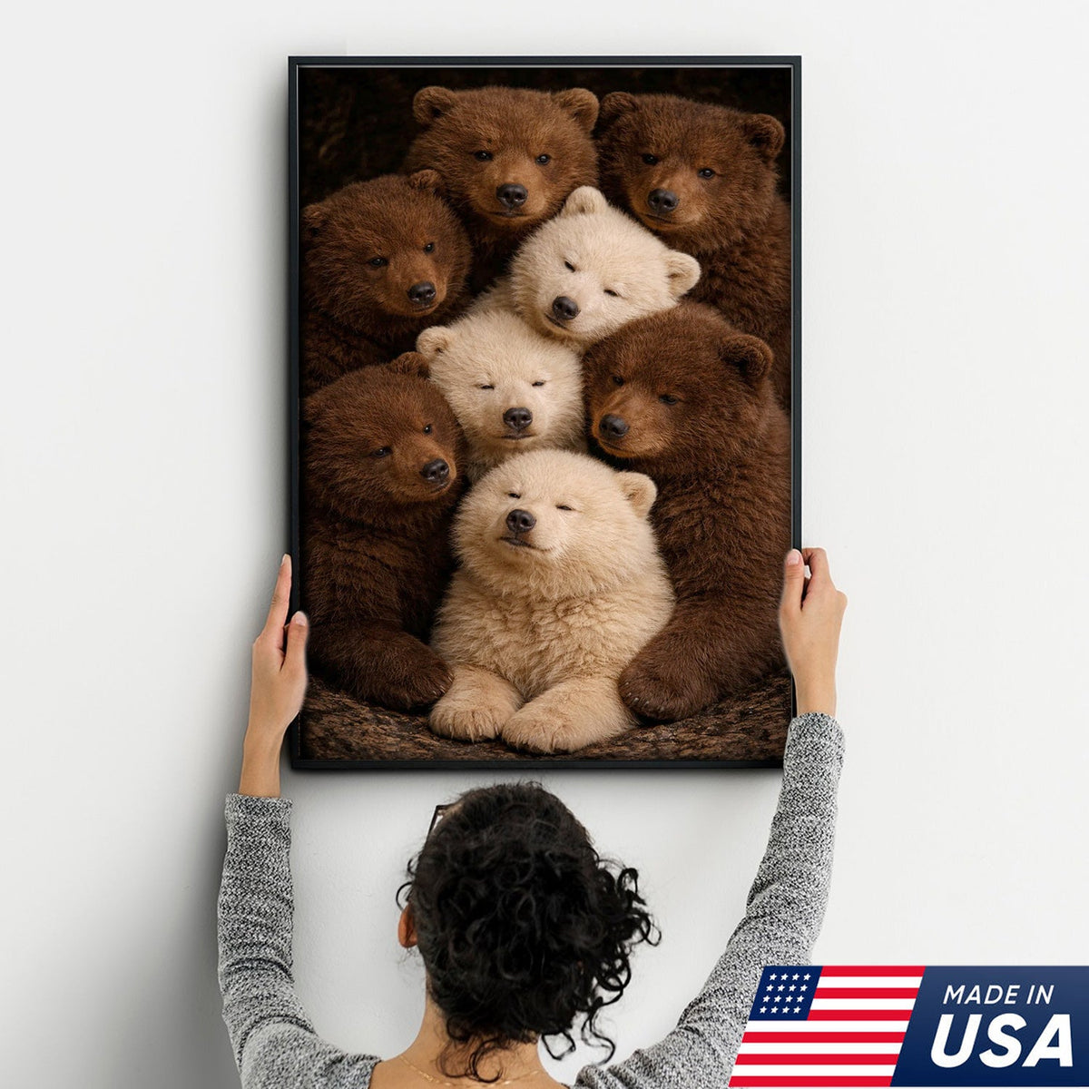 Cute Bear Cubs Canvas Wall Art, Brown and White Bear Family Portrait