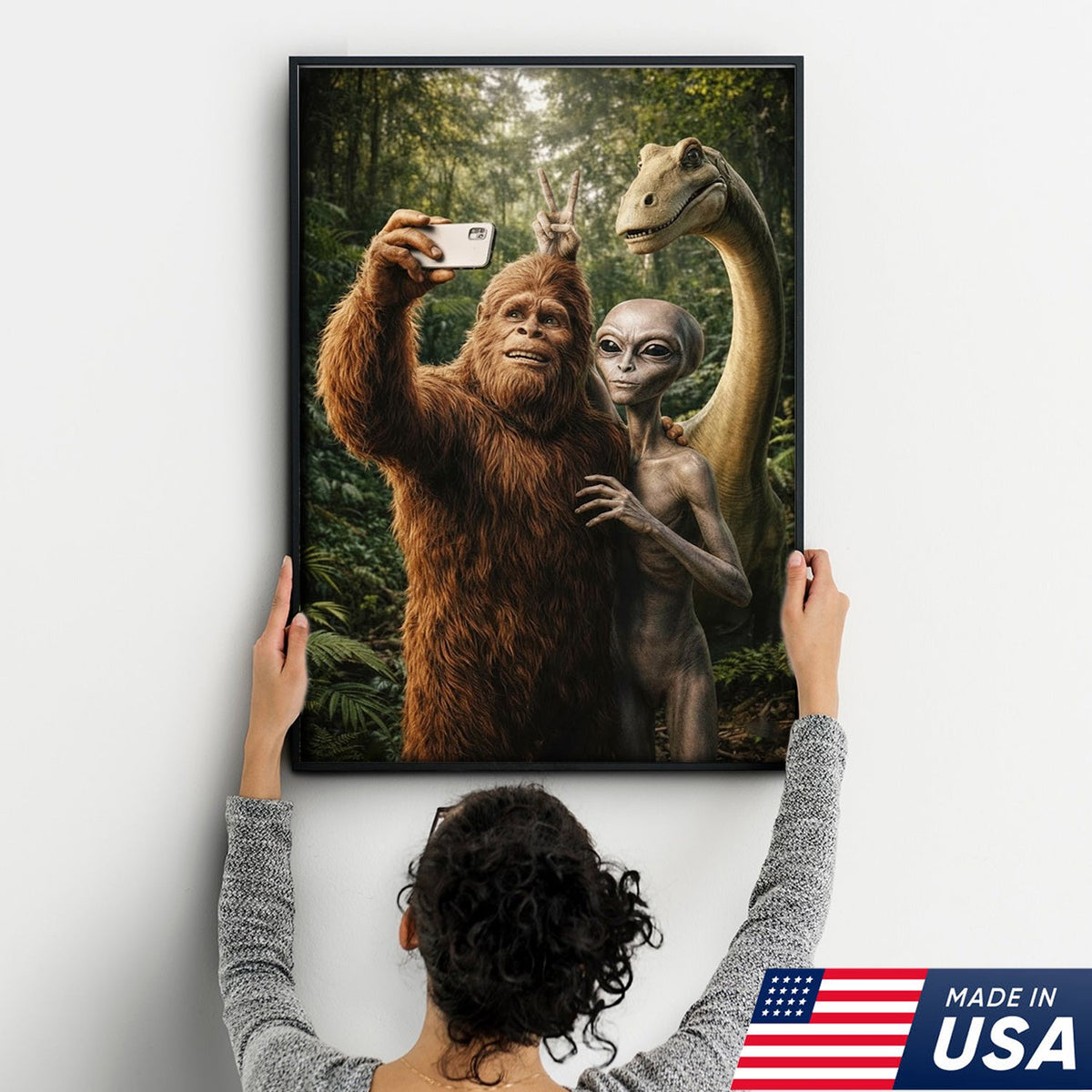 Funny Bigfoot Alien Dinosaur Selfie Canvas Wall Art, Whimsical Fantasy Creature Humor Print