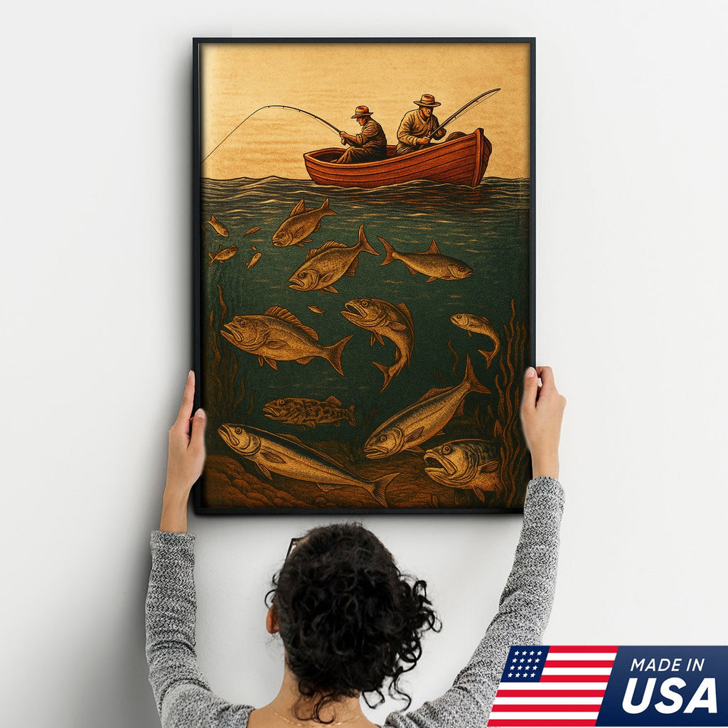 Vintage Fishermen Woodcut Wall Art – Retro Fishing Canvas Print