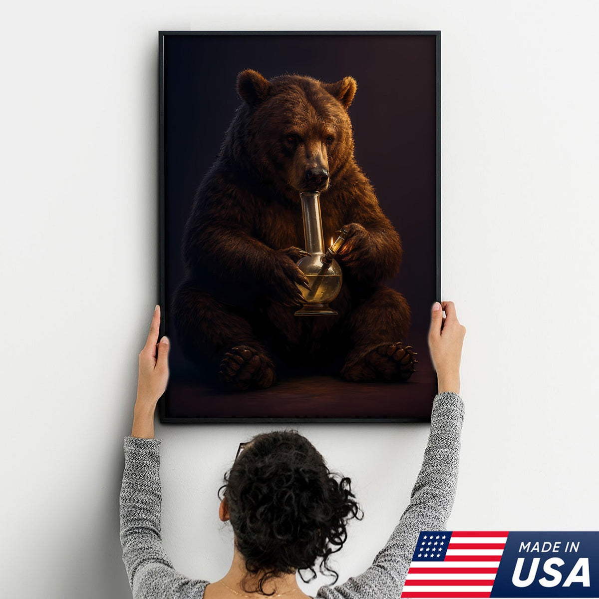 Rustic Bear Smoking Canvas Wall Art – Funny Cabin Decor for Hunters & Outdoor Lovers