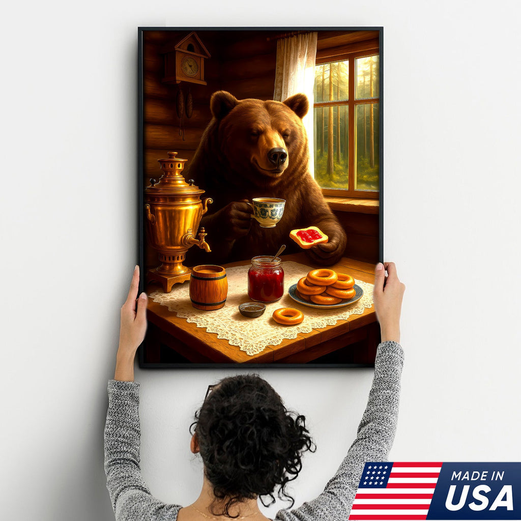 Relaxed Bear Having Tea Canvas Wall Art – Rustic Decor Funny Cozy Animal Canvas Art