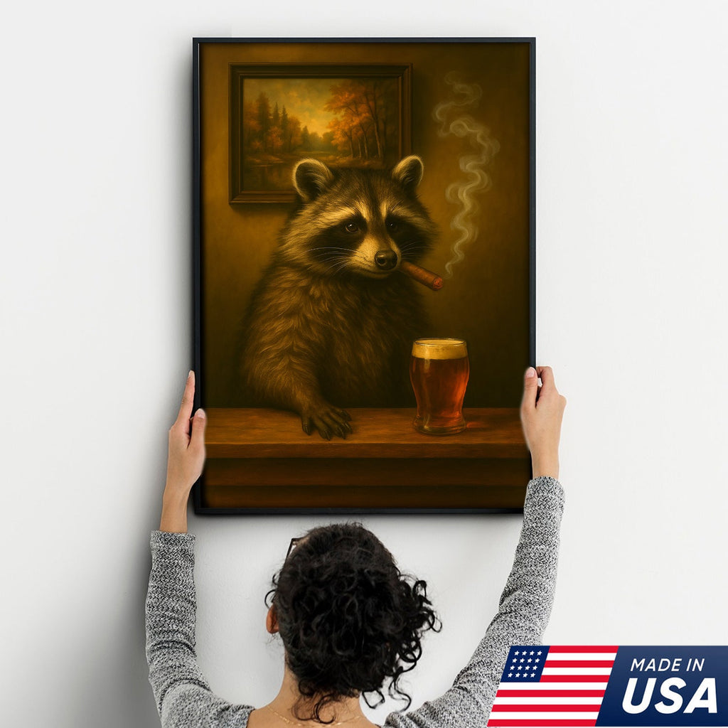 Funny Raccoon Bar Canvas Wall Art – Rustic Lodge Man Cave Décor with Beer & Smoking Humor
