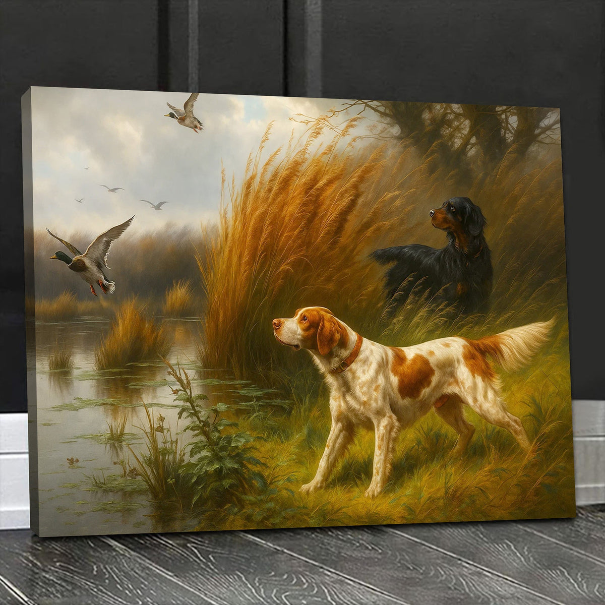Hunting Dogs and Mallards Canvas Wall Art – Rustic Wildlife Scene – Perfect Lodge or Cabin Decor