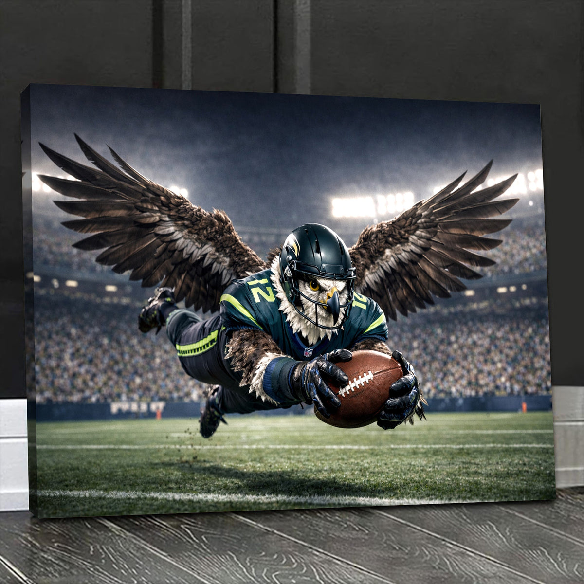 Soaring Eagle Football Canvas Wall Art – Winged Athlete Diving Catch Stadium Print