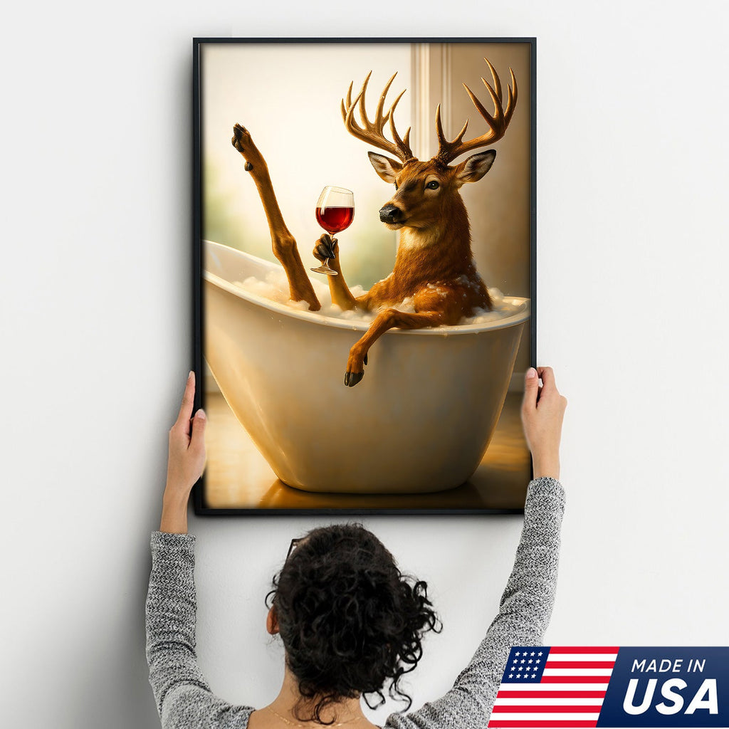 Relaxing Deer in Bathtub Funny Wall Art – Unique Gift for Hunters, Rustic Cabin Decor Canvas