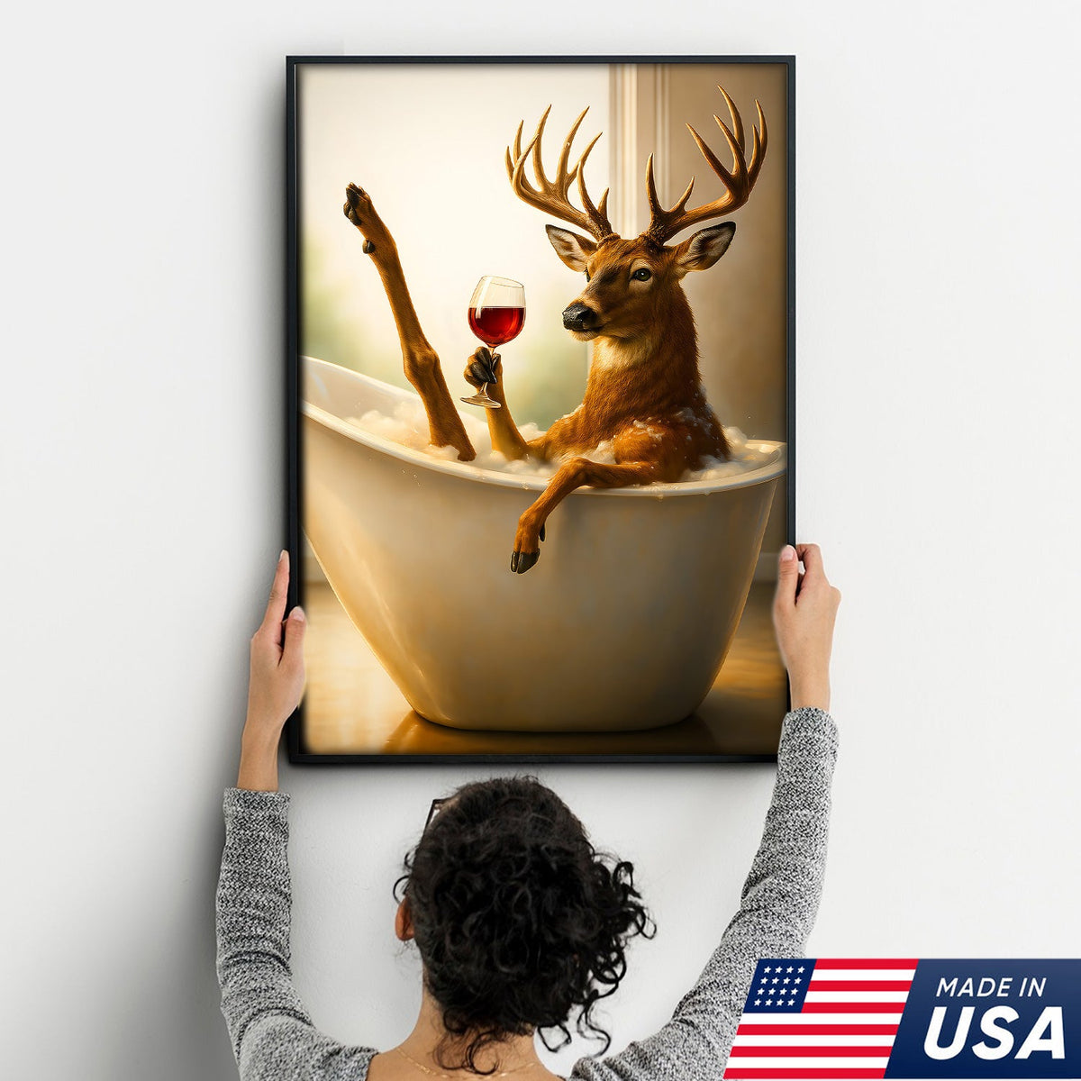 Relaxing Deer in Bathtub Funny Wall Art – Unique Gift for Hunters, Rustic Cabin Decor Canvas