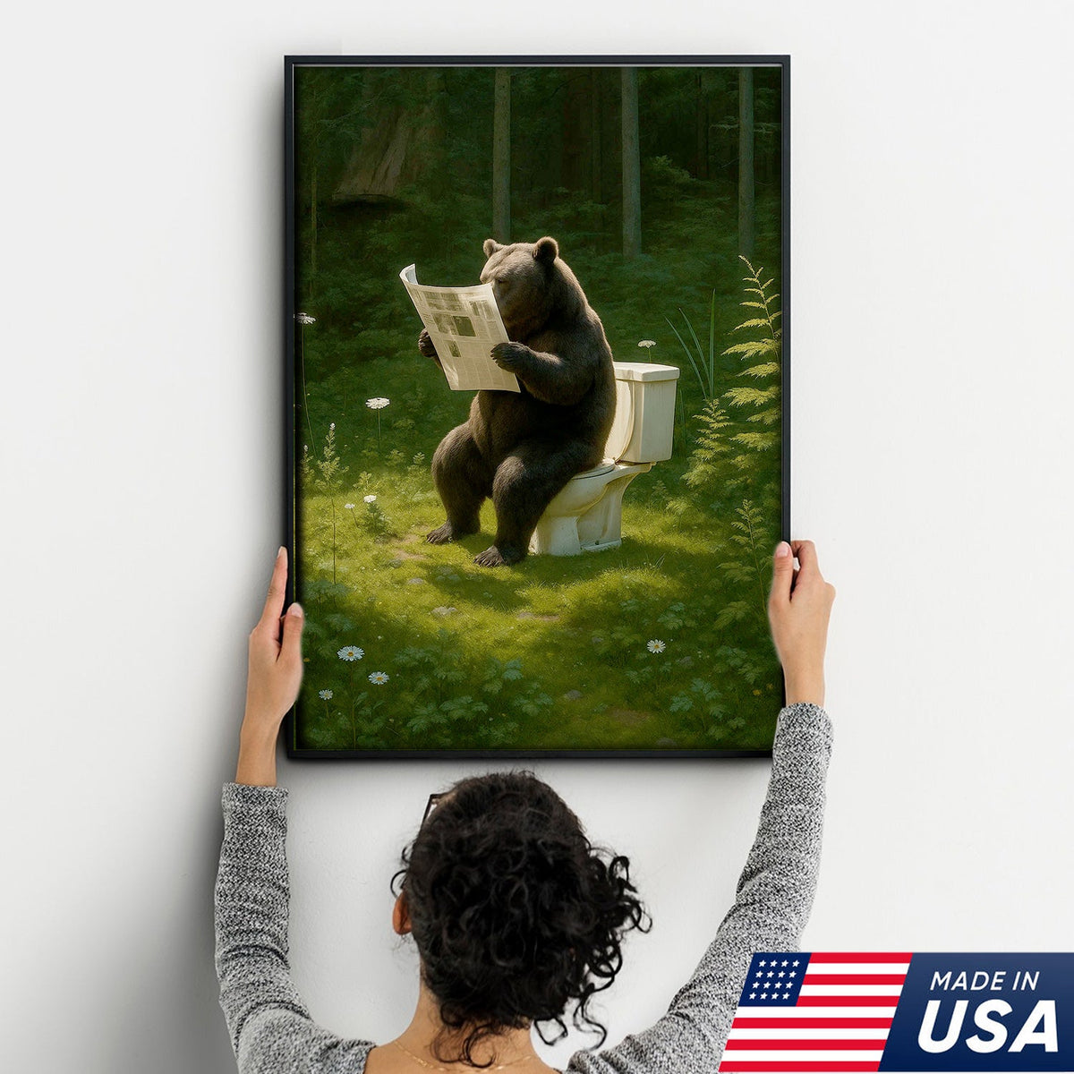 Bear on Toilet Reading Newspaper Canvas Wall Art, Funny Bathroom Decor for Cabin & Lodge