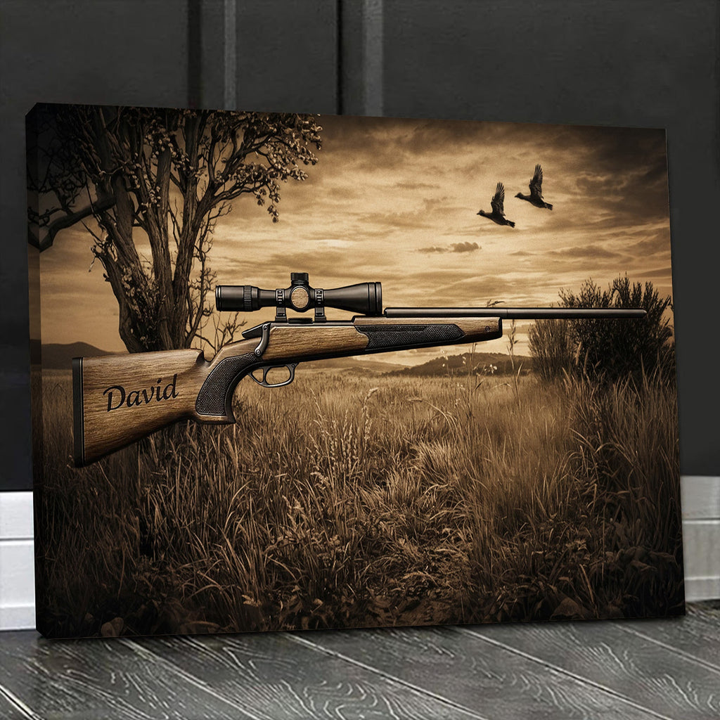 Personalized Hunting Rifle Canvas Wall Art, Custom Name Engraved Gun Artwork