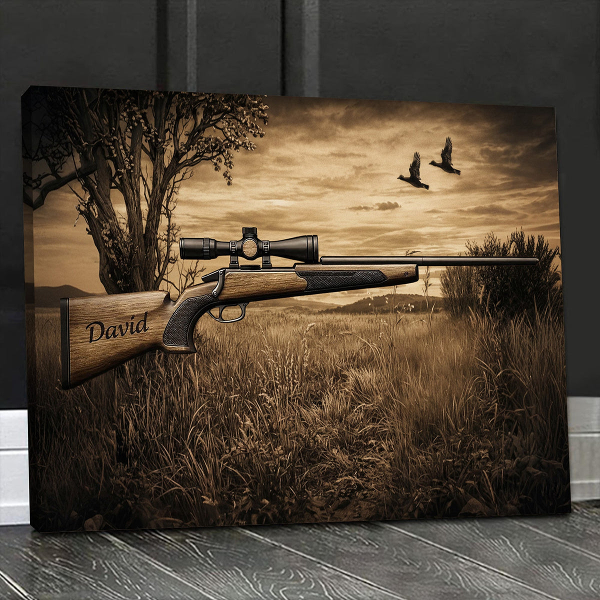 Personalized Hunting Rifle Canvas Wall Art, Custom Name Engraved Gun Artwork