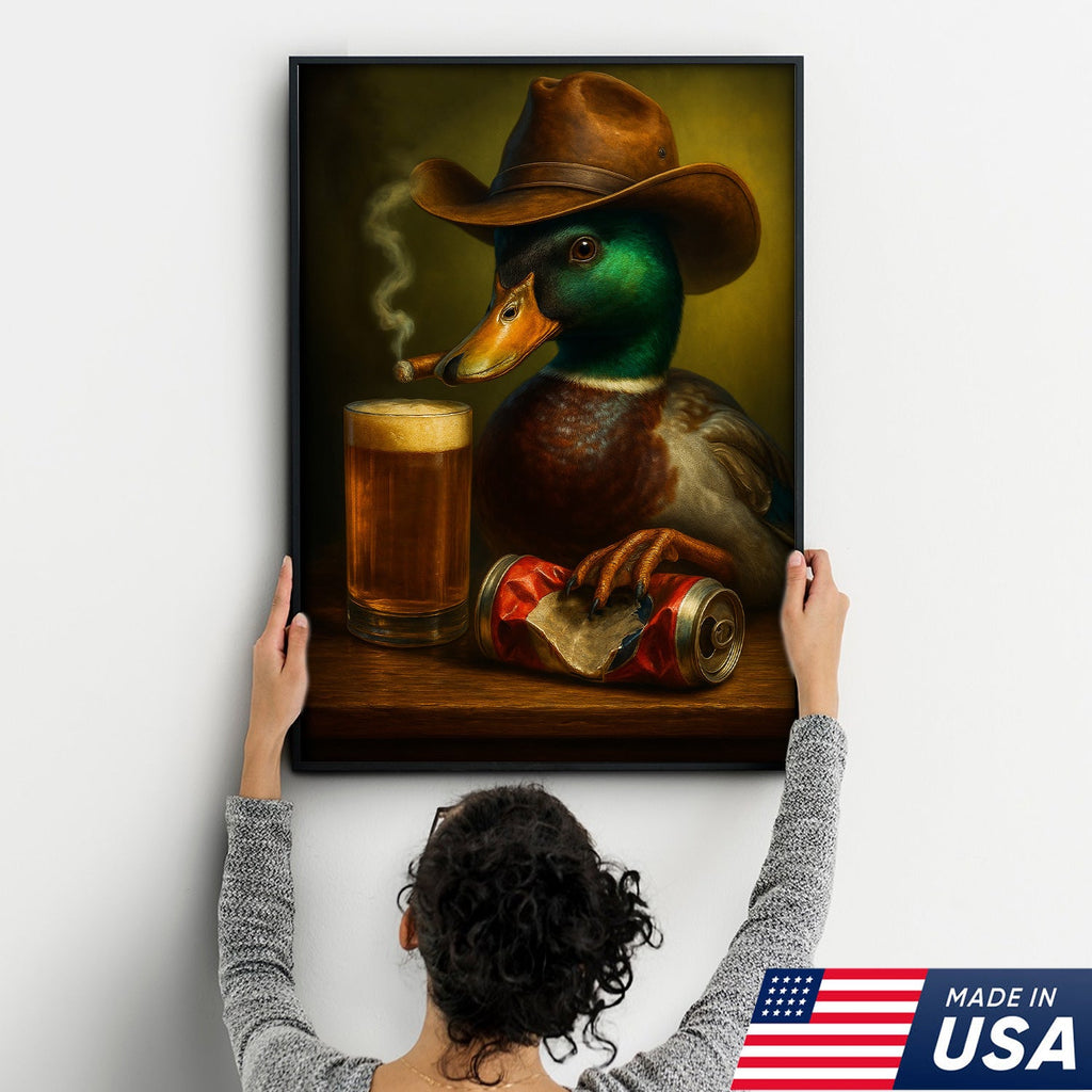 Duck Cowboy Canvas Wall Art – Funny Rustic Beer Decor for Waterfowl Hunters & Cabins
