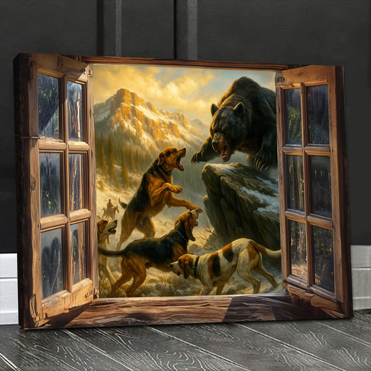 Epic Bear vs Hunting Dogs Wall Art Canvas – Western Mountain Wildlife Battle Painting for Hunters’ Cabin