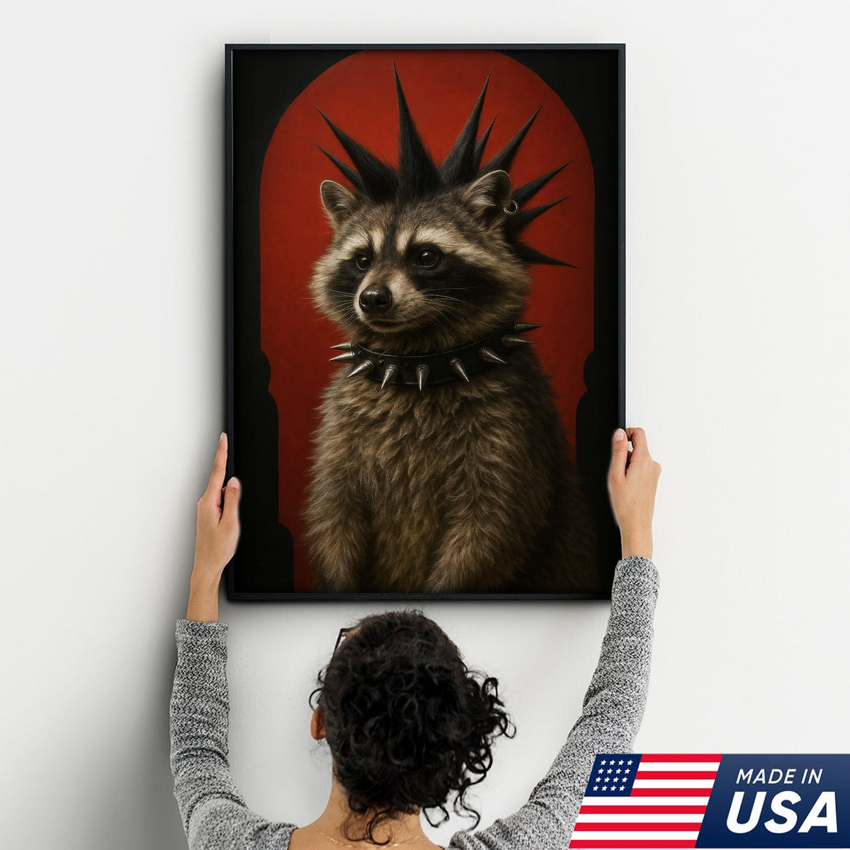 Punk Raccoon Canvas Wall Art, Spiked Mohawk Animal Portrait, Gothic Aesthetic Room Decor