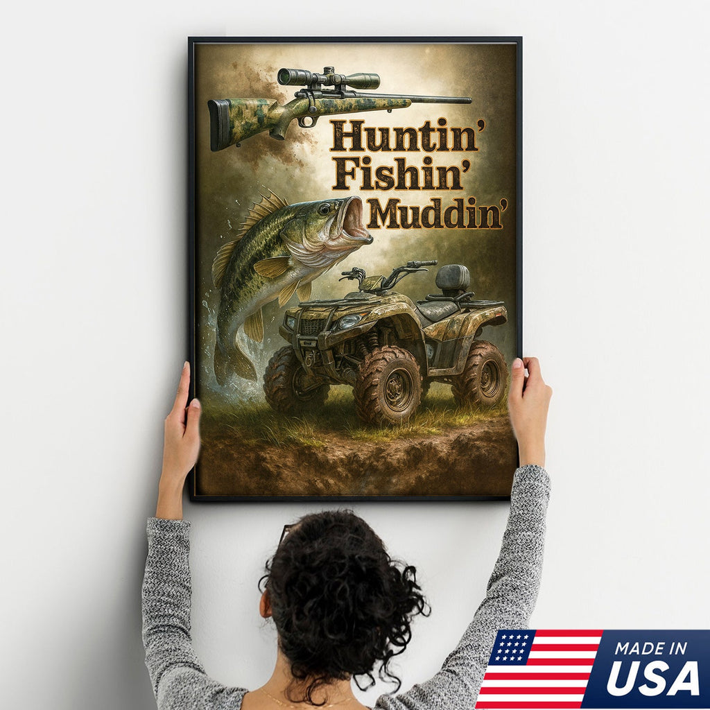 Huntin’ Fishin’ Muddin’ Canvas Wall Art, Deer Hunting and Fishing Decor for Men, Rustic ATV Cabin Artwork