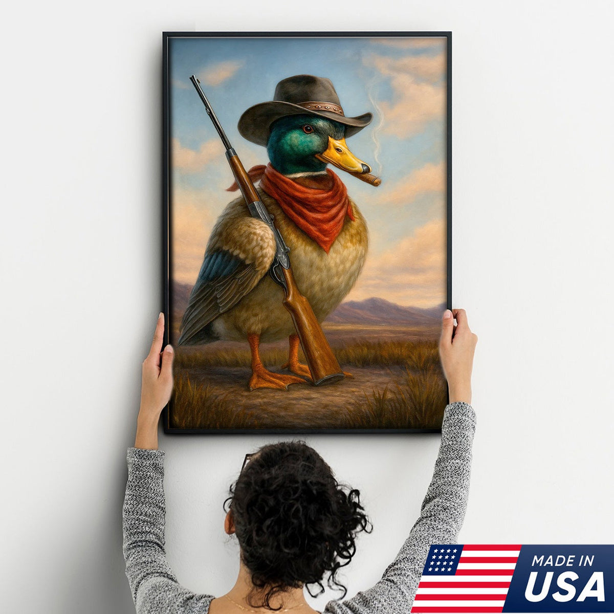 Cowboy Duck with Rifle Canvas Wall Art, Funny Western Hunter Decor for Lodge or Cabin