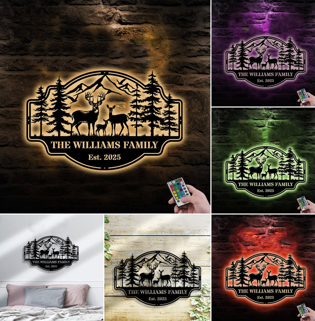 Personalized Deer Family Metal Sign WITH LED/WITHOUT LED - Rustic Cabin Wall Decor