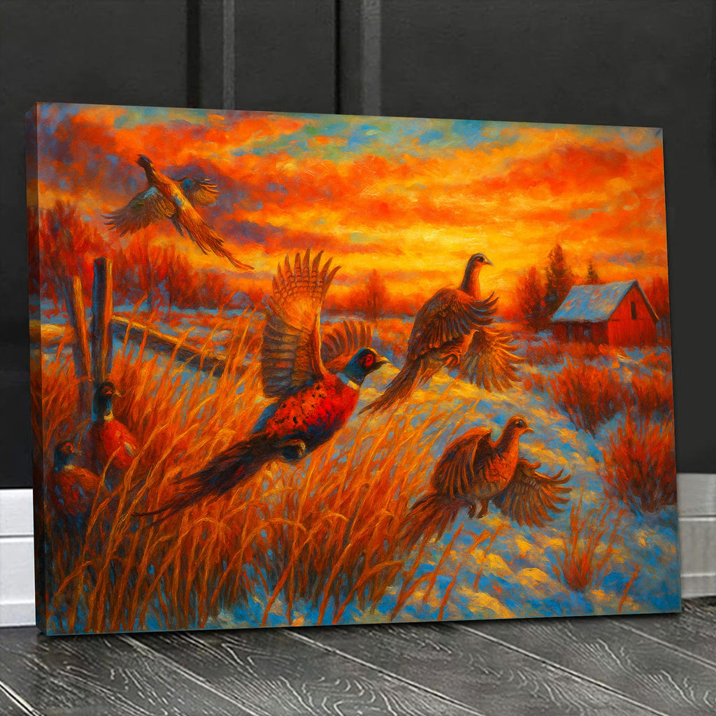 Flying Pheasants Sunset Canvas Wall Art – Rustic Hunting Cabin Decor for Nature Lovers