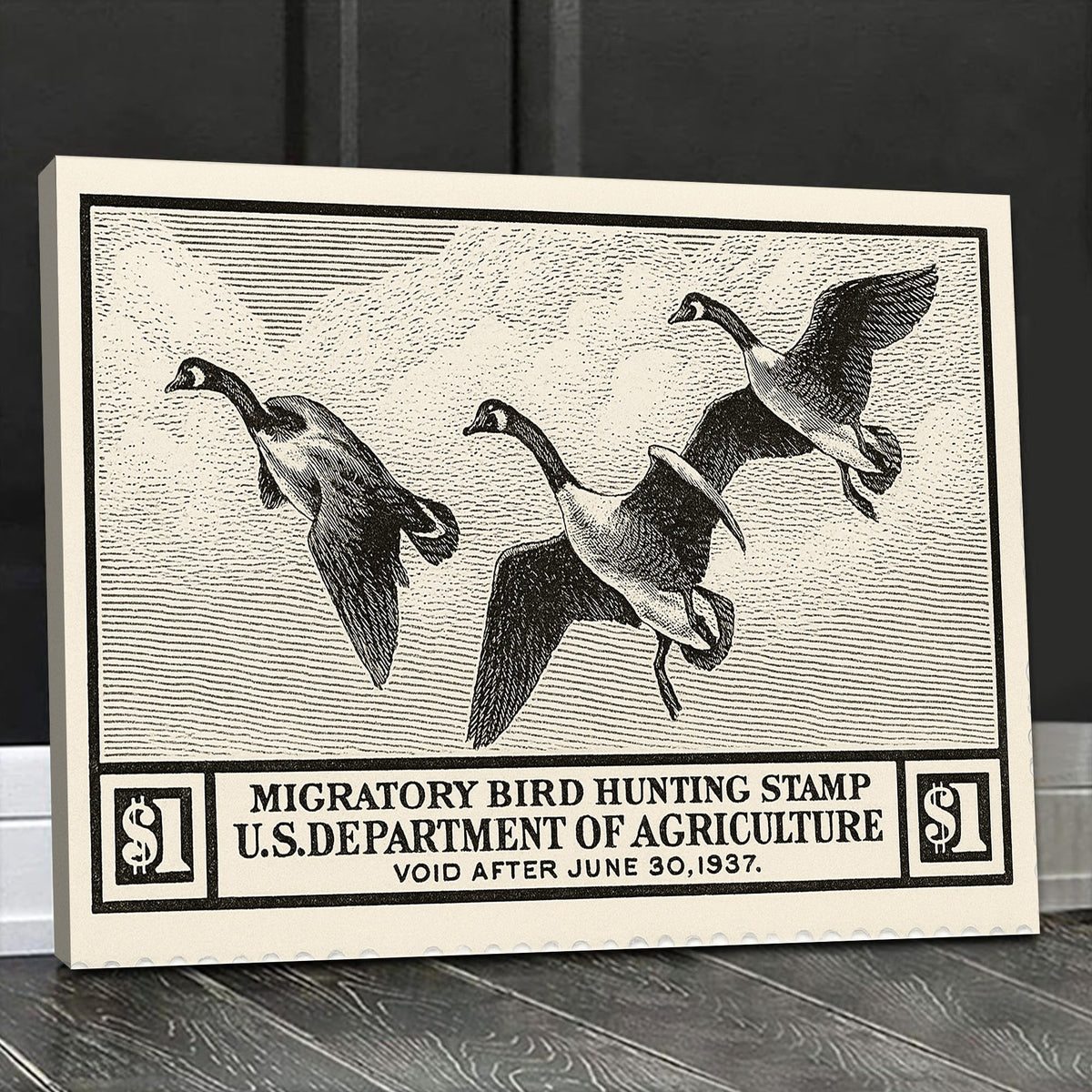 Vintage Migratory Goose Hunting Stamp Wall Art – Retro Duck Print Canvas for Hunters & Cabin Decor