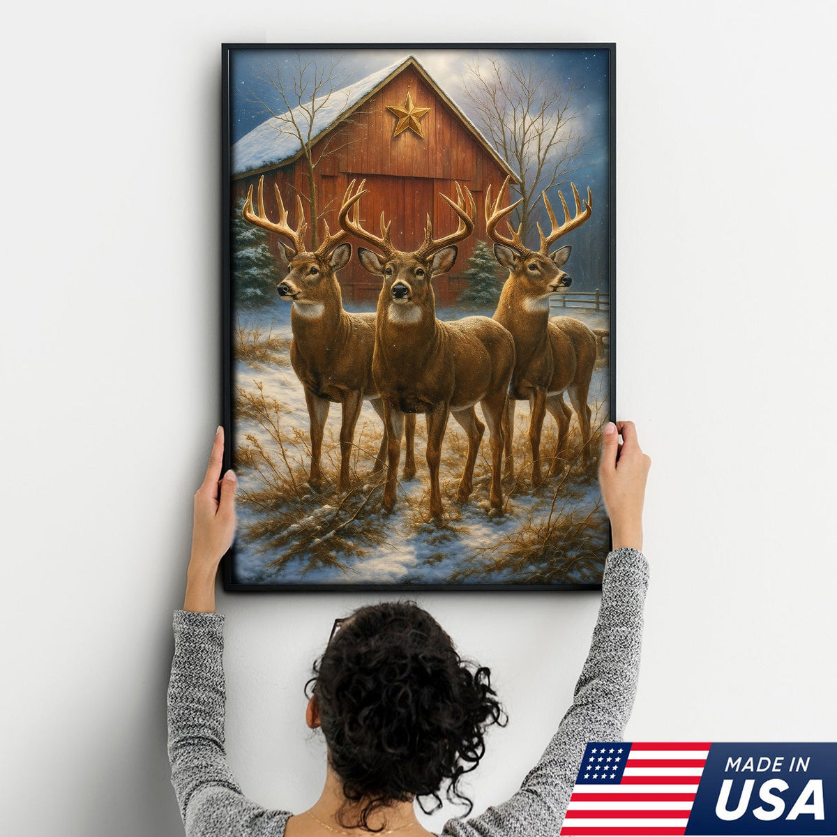 Deer Trio Winter Barn Canvas – Rustic Wildlife Wall Art Gift for Hunters, Nature & Christmas Lovers