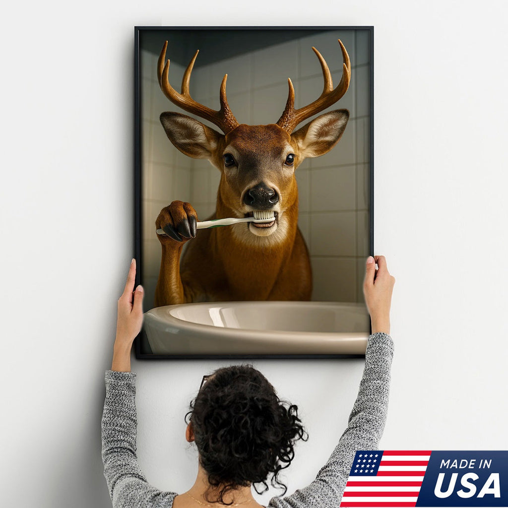 Deer Canvas Wall Art – Funny Buck Brushing Teeth Unique Bathroom Decor for Hunters