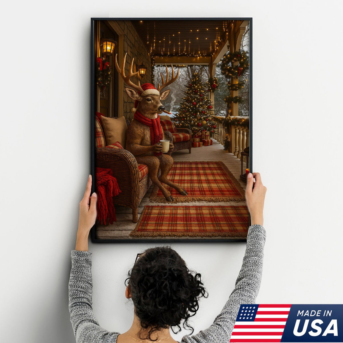 Christmas Deer Porch Canvas Wall Art, Cozy Cabin Reindeer With Scarf Holiday Print