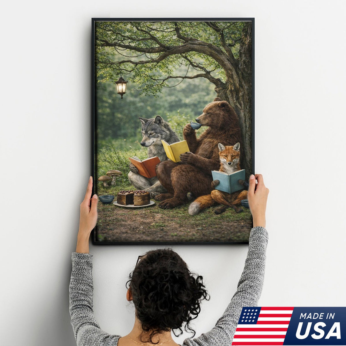 Whimsical Woodland Animals Reading Canvas Wall Art, Bear Wolf Fox Forest Storybook Decor