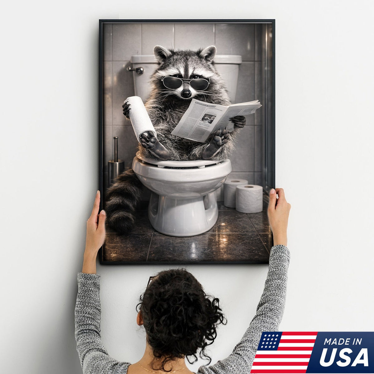 Raccoon Bathroom Humor Canvas – Funny Toilet Reading Wall Art for Restroom Decor