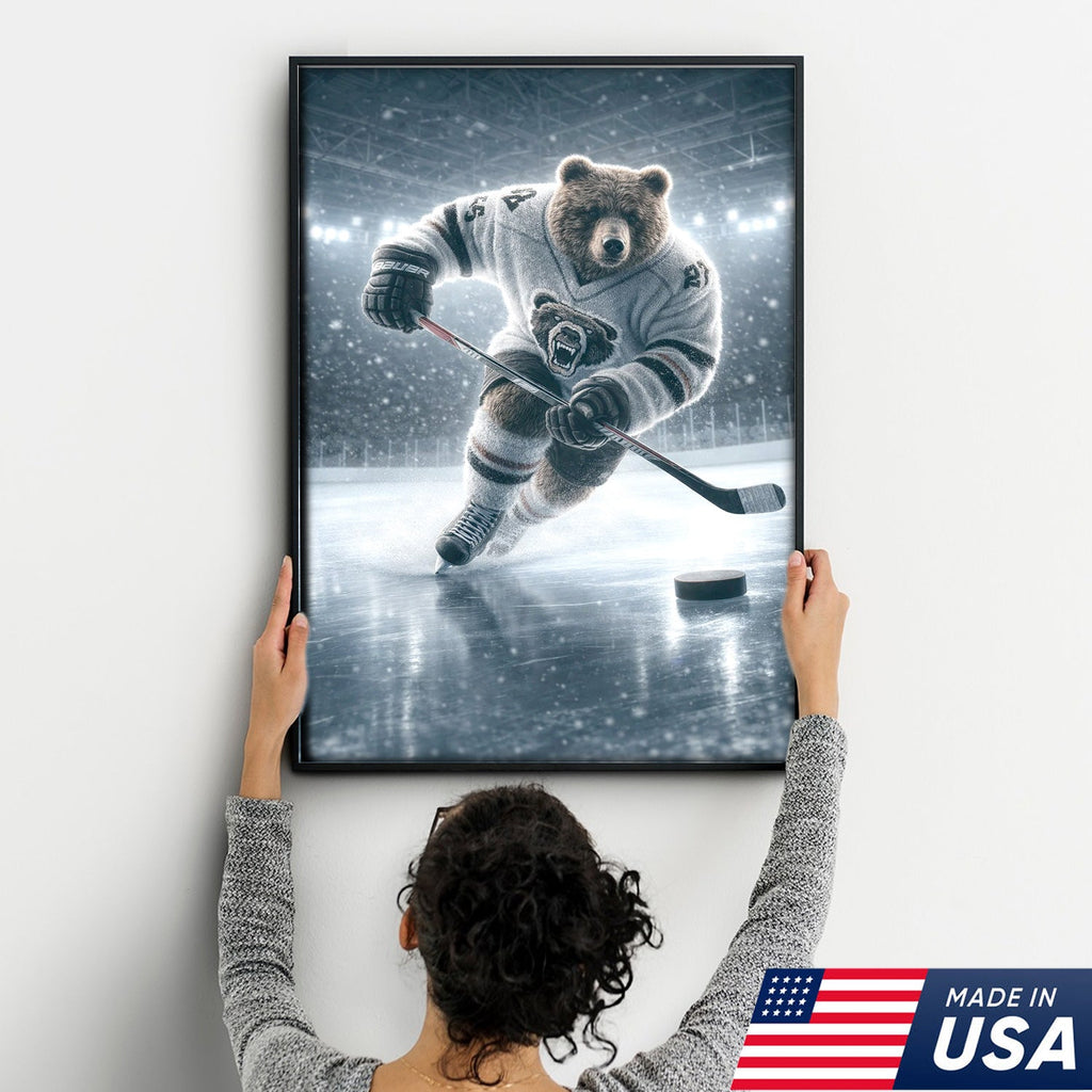Epic Bear Ice Hockey Canvas Wall Art – Realistic Animal Athlete Print