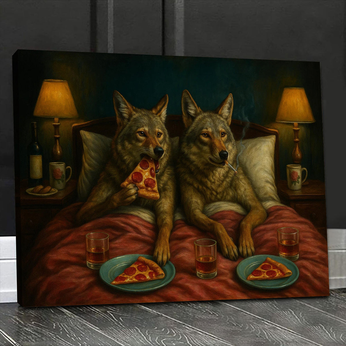 Whimsical Wolf Coyote Couple Pizza Night Canvas Wall Art – Cozy Bed Scene