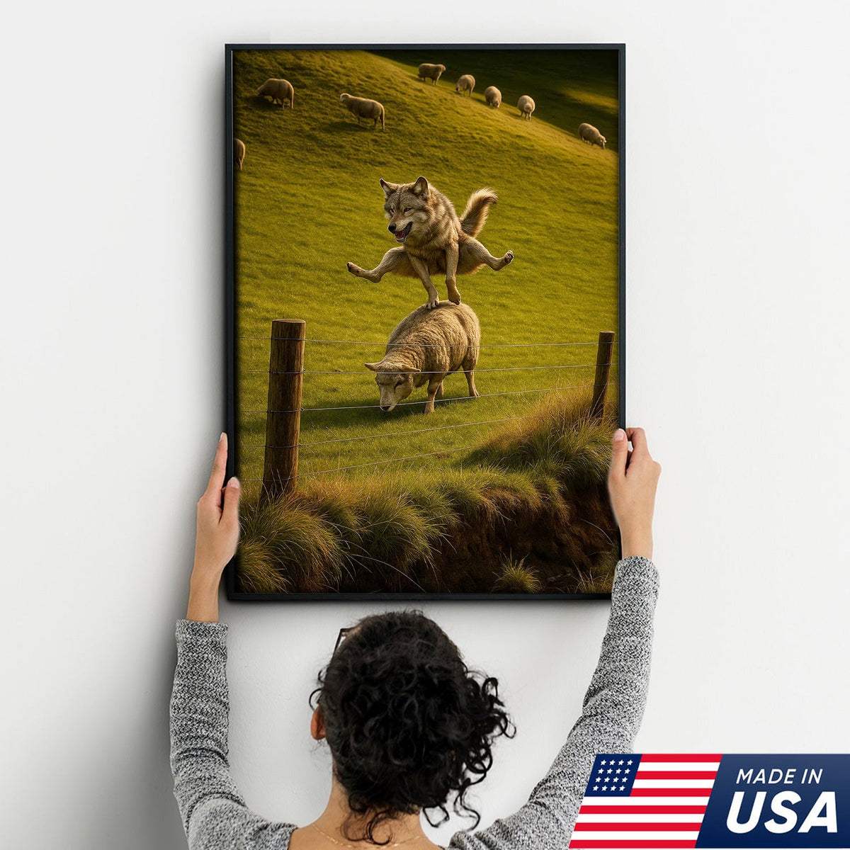 Funny Wolf and Sheep Canvas Wall Art - Hilarious Animal Jump Scene, Rustic Farmhouse Decor