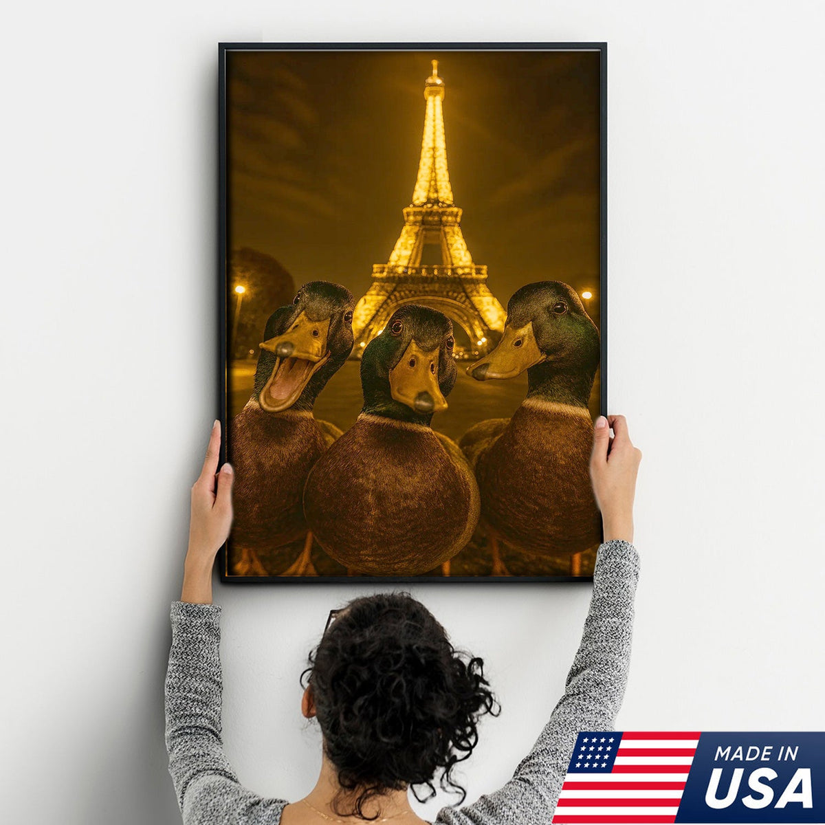 Paris Duck Selfie Canvas – Funny Three Ducks at Eiffel Tower, Hilarious Travel-Themed Wall Art