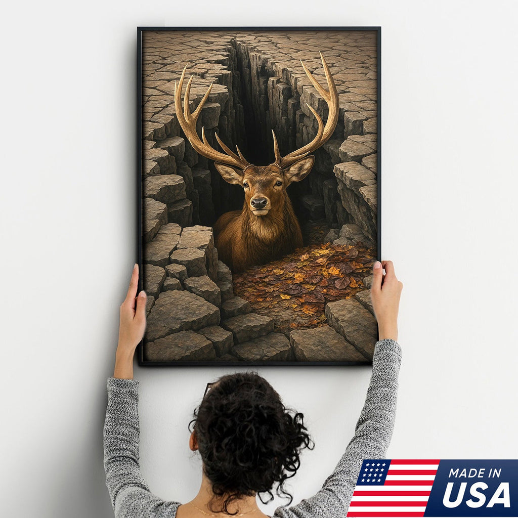 Epic Deer Canvas Art – Majestic Buck Emerging from Cracked Earth