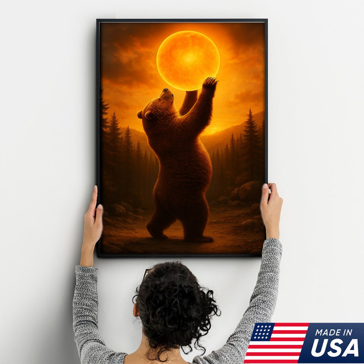 Bear Holding the Sun Canvas Art – Sunset Wilderness Wall Decor for Cabin & Home