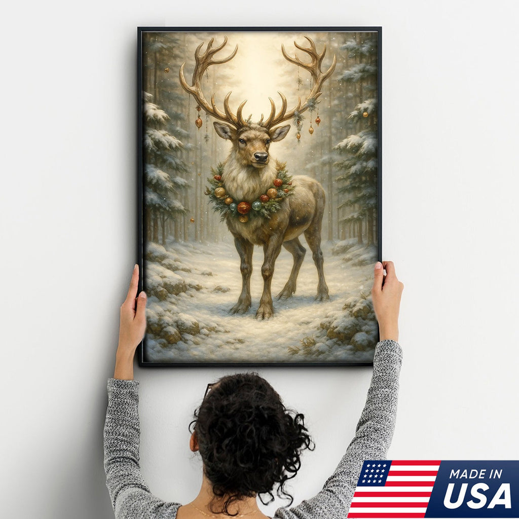 Christmas Reindeer Canvas Wall Art, Majestic Deer with Ornament Wreath in Snowy Forest