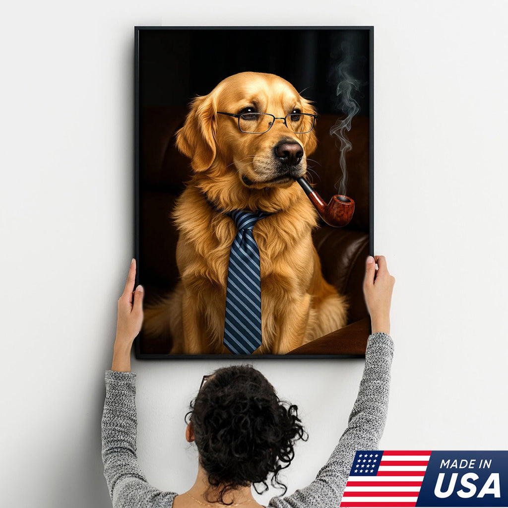 Gentleman Dog Canvas Art – Golden Retriever in Glasses & Tie with Pipe
