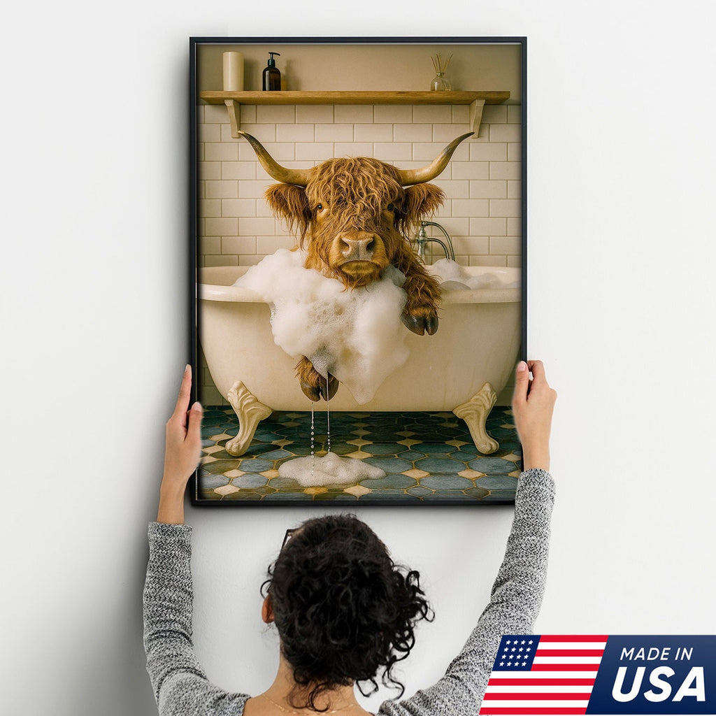 Highland Cow Bubble Bath Canvas Wall Art, Funny Farmhouse Bathroom Decor