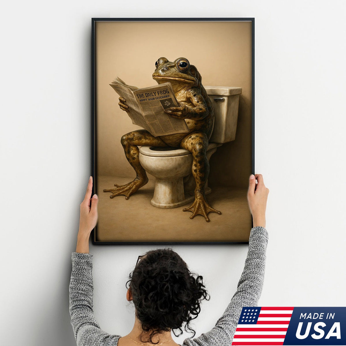 Funny Frog Bathroom Canvas Wall Art, Frog Reading Newspaper on Toilet