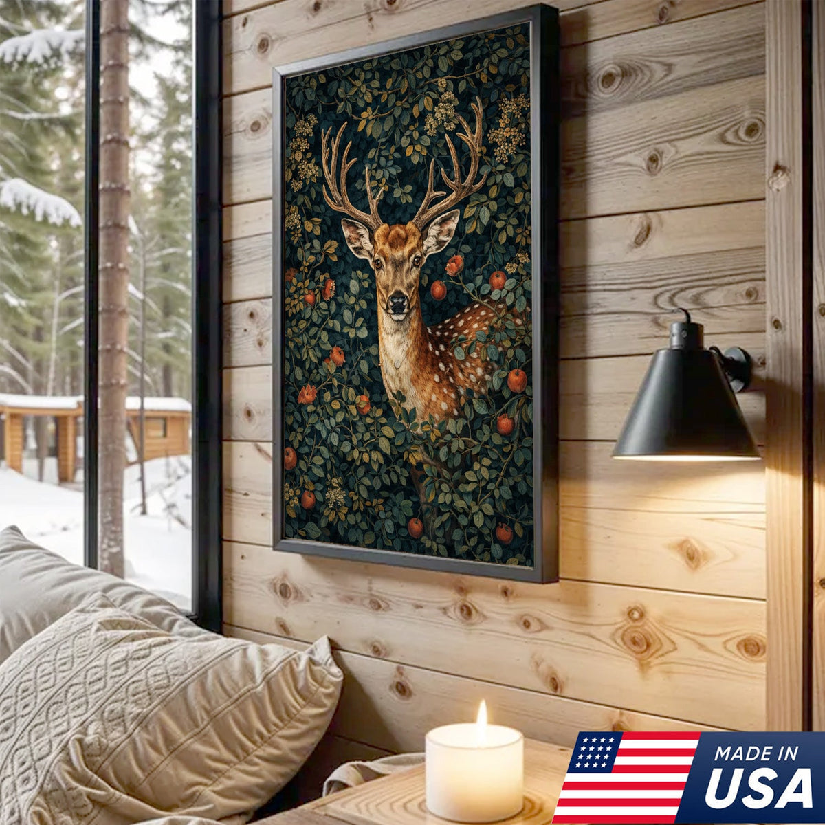 Woodland Floral Animals Triptych Canvas Wall Art Set, Vintage Botanical Fox Rabbit Deer Prints