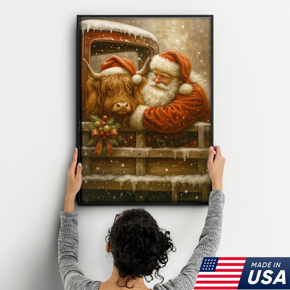 Santa and Highland Cow Christmas Canvas Wall Art, Rustic Farmhouse Holiday Truck Print