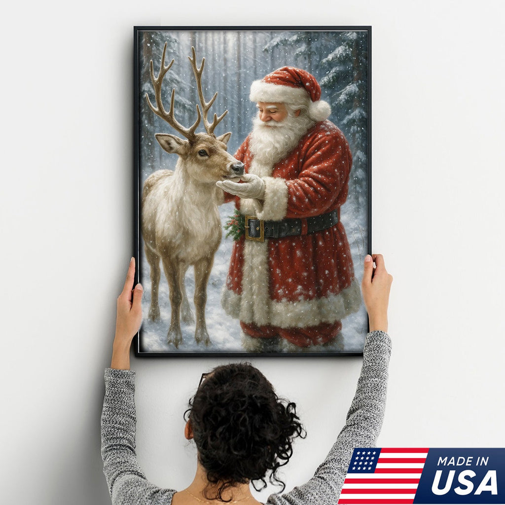 Santa and Reindeer Christmas Canvas Wall Art, Rustic Snowy Forest Holiday Print