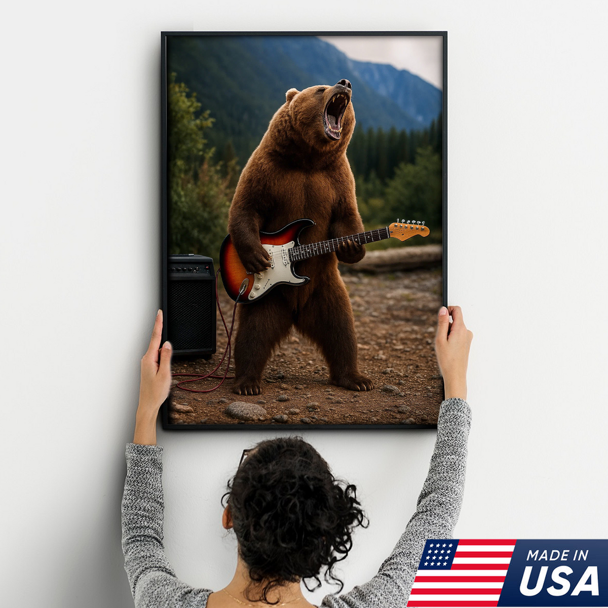 Funny Bear Canvas Wall Art – Rock and Roll Wildlife Decor, Guitar Playing Grizzly