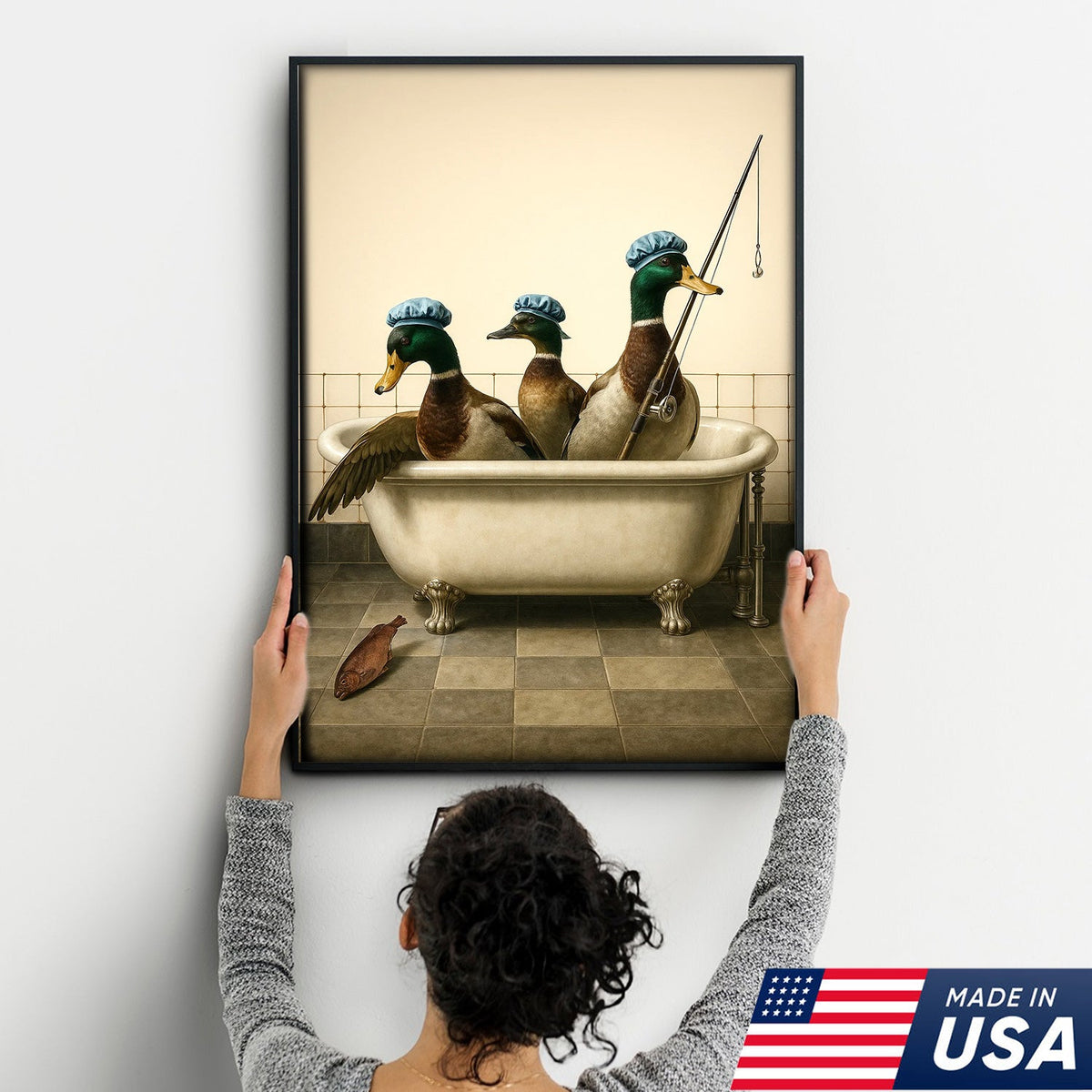 Fishing Ducks Canvas Art – Funny Trio of Ducks in Bathtub with Rod