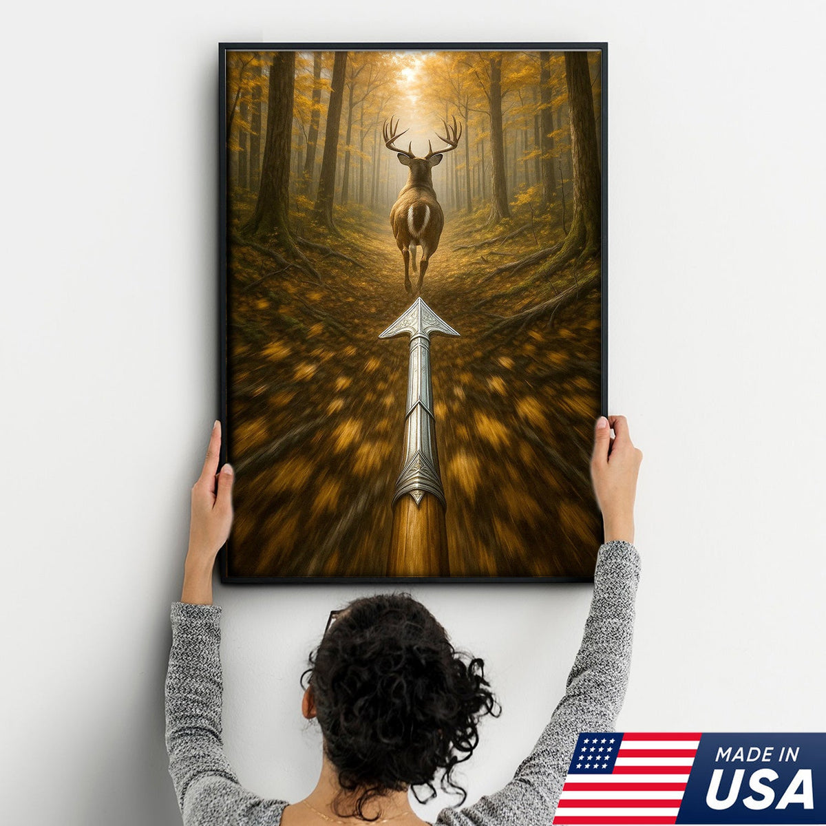 Deer Bow Hunting Canvas Wall Art, Arrowhead Forest Scene Artwork, Rustic Cabin Decor for Hunters