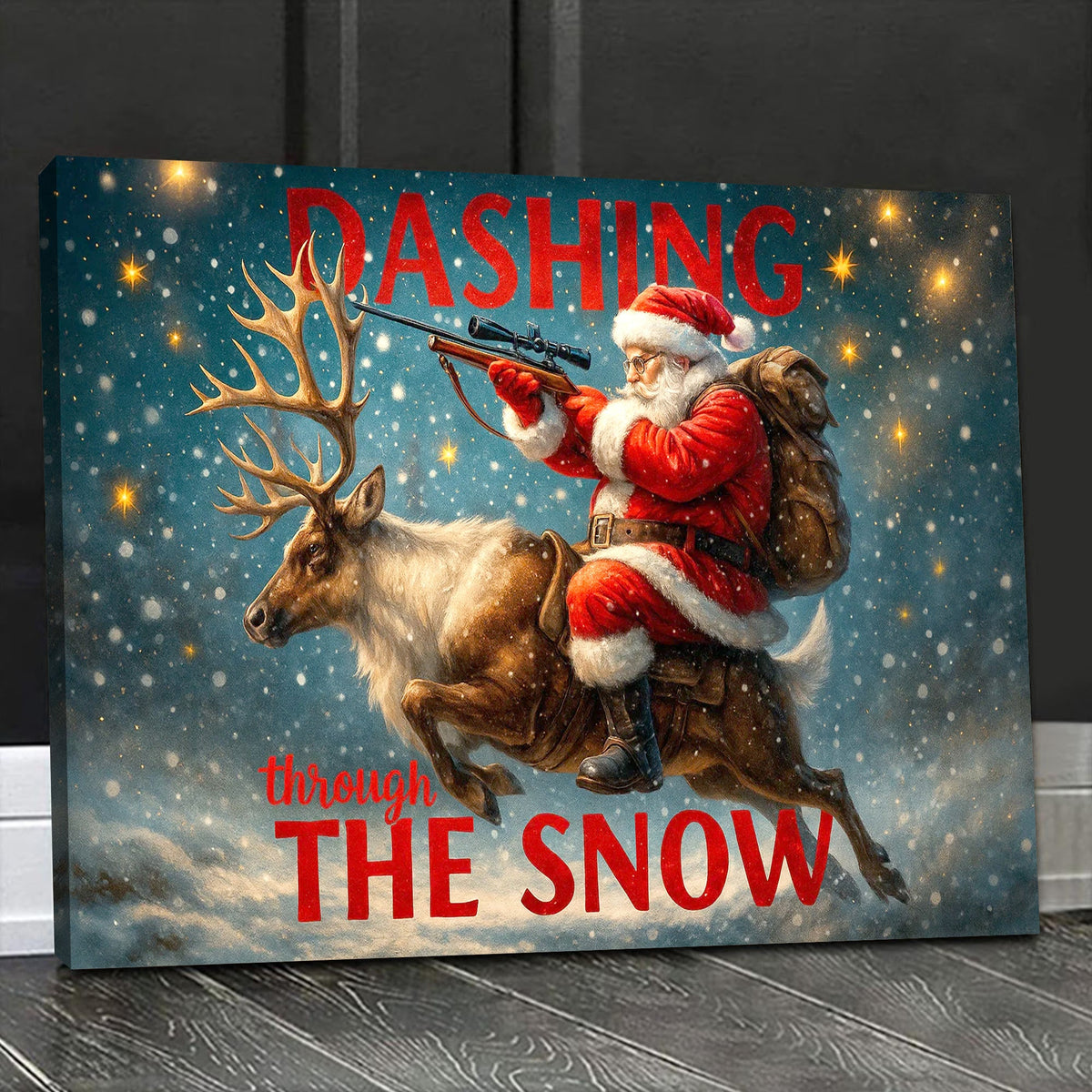 Santa Riding Reindeer Canvas Wall Art, Funny Christmas Decor, Rustic Winter Cabin Decoration for Holiday Lovers