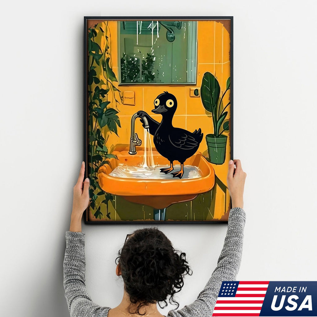 Funny Black Duck Bathroom Canvas Wall Art – Whimsical Bird in Sink Illustration