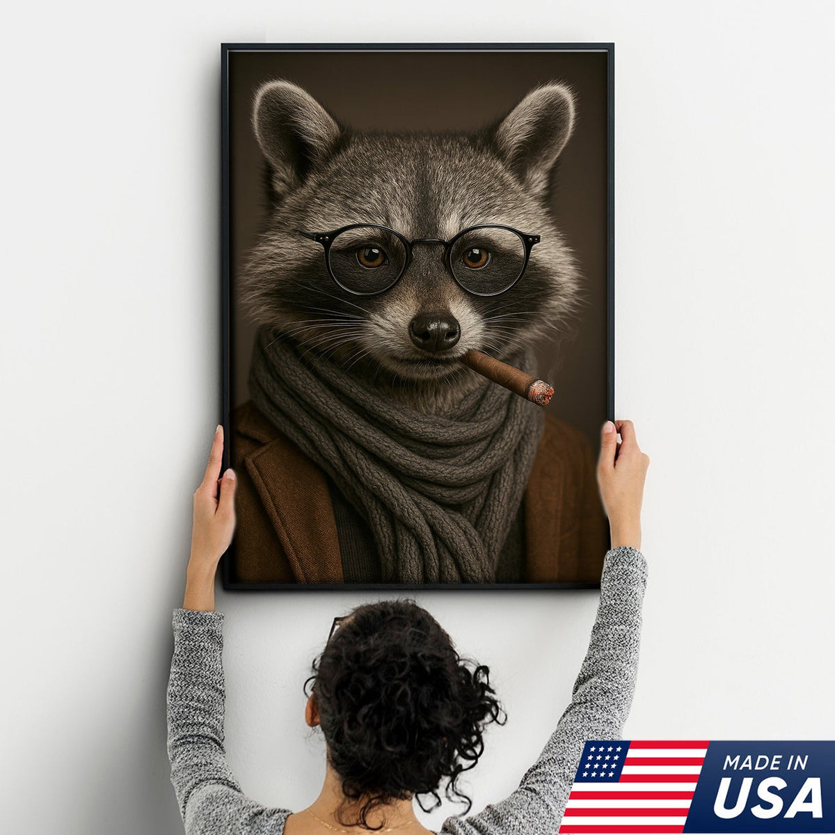 Gentleman Raccoon Cigar Wall Art Canvas – Stylish Animal Portrait for Bar