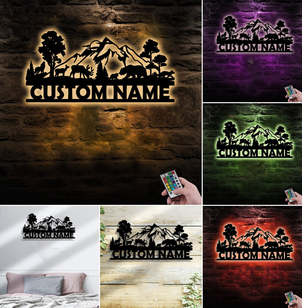 Personalized Wildlife Metal Sign WITH LED/WITHOUT LED - Rustic Cabin Name Sign with Deer & Bear