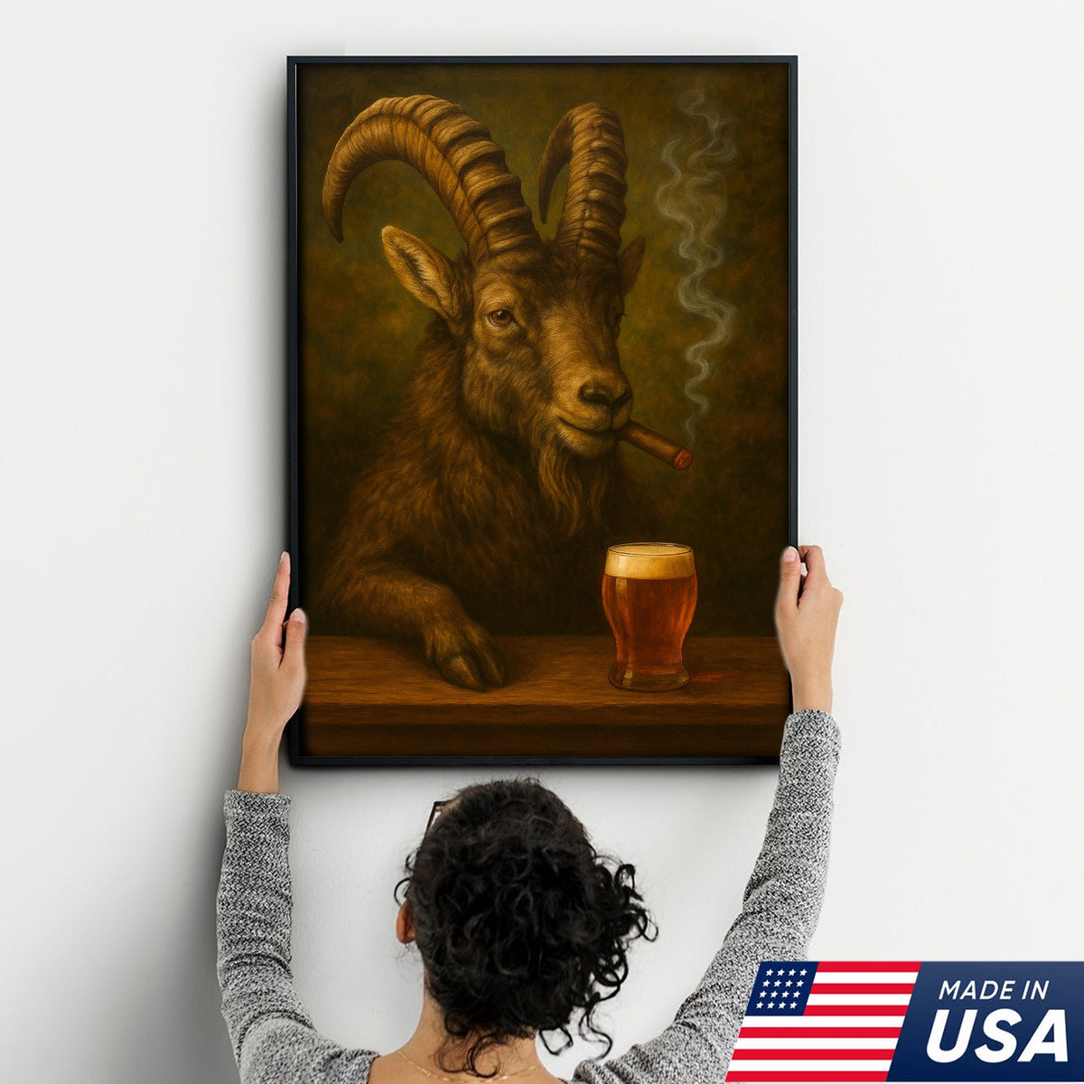 Funny Mountain Goat Smoking & Beer Canvas Wall Art - Hunting Perfect Gift for Hunters
