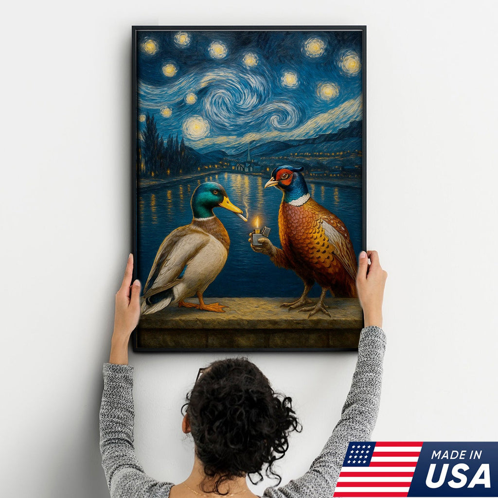 Starry Night Duck and Pheasant Canvas Wall Art, Van Gogh Inspired Wildlife Painting