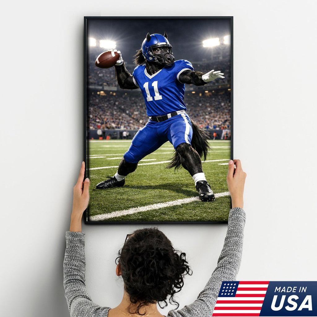Power Stallion Quarterback Canvas Wall Art – Blue Uniform Horse Athlete Action Print