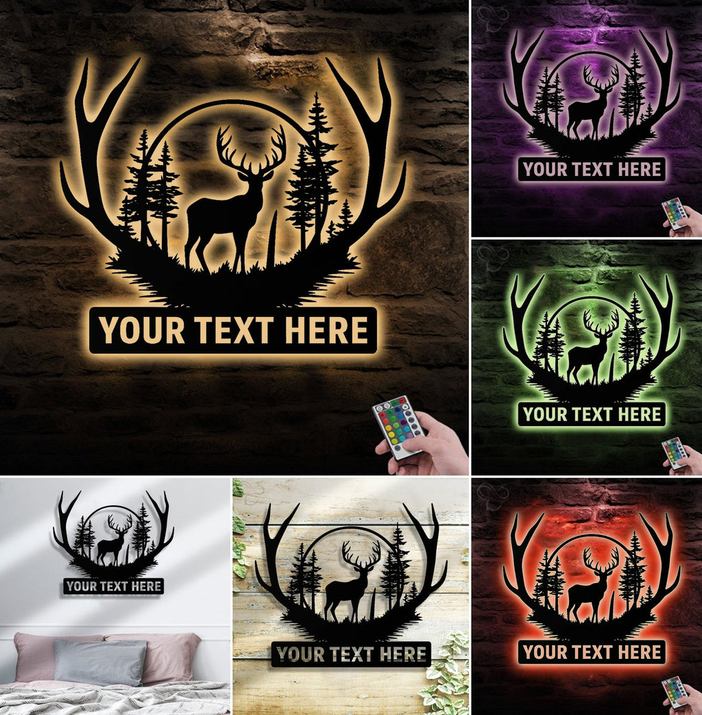 Personalized Deer Antler Metal Sign WITH LED/WITHOUT LED, Custom Name Buck Light